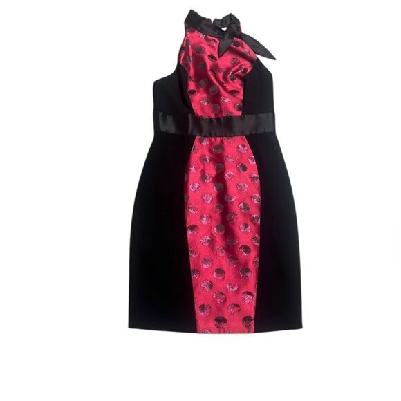 THEIA women’s pink & black Polka Dot halter Brocade sparkly mini Dress sz 8